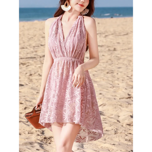 Pink Korean Lace-Up Bikini Set with Cover-Up - Swimsuits - Swimsuits - 2