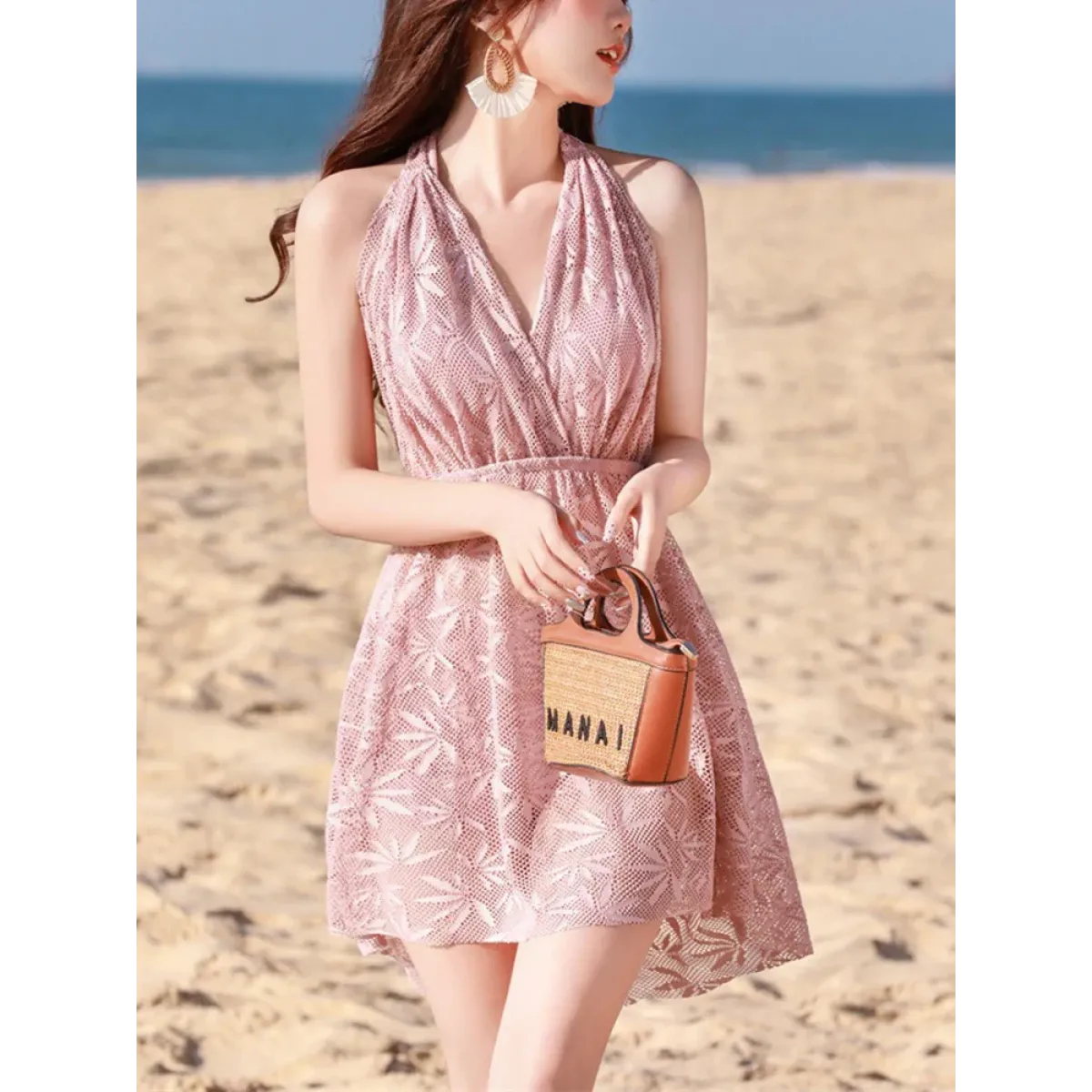 Pink Korean Lace-Up Bikini Set with Cover-Up - Swimsuits - Swimsuits - 5