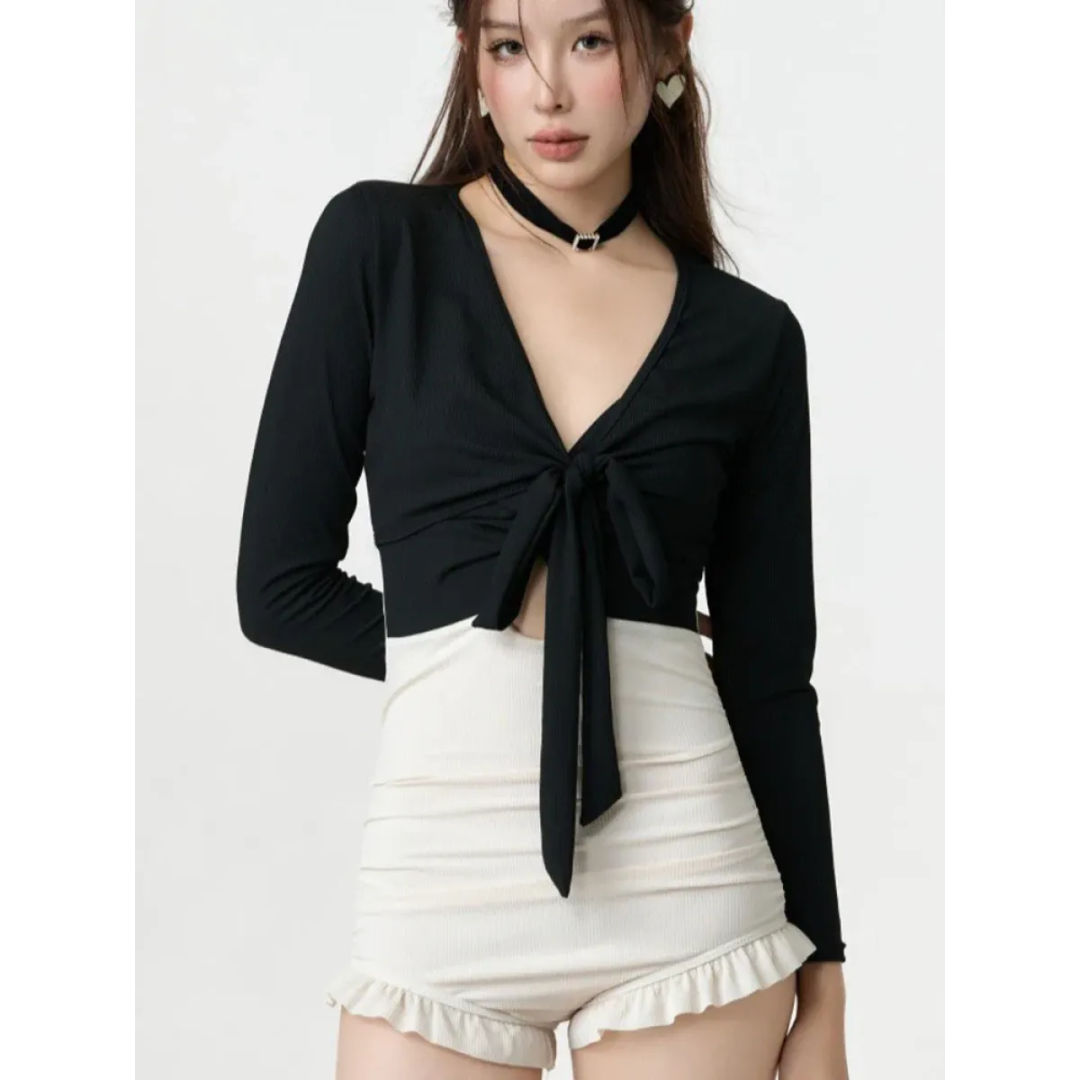 Bikini Set – V-Neck Long Sleeve with Ruffle High Waist - Sexy Products - Swimwear - 1