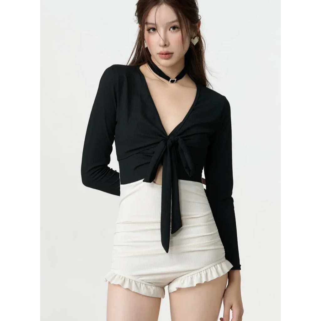 Bikini Set – V-Neck Long Sleeve with Ruffle High Waist - Sexy Products - Swimwear - 14