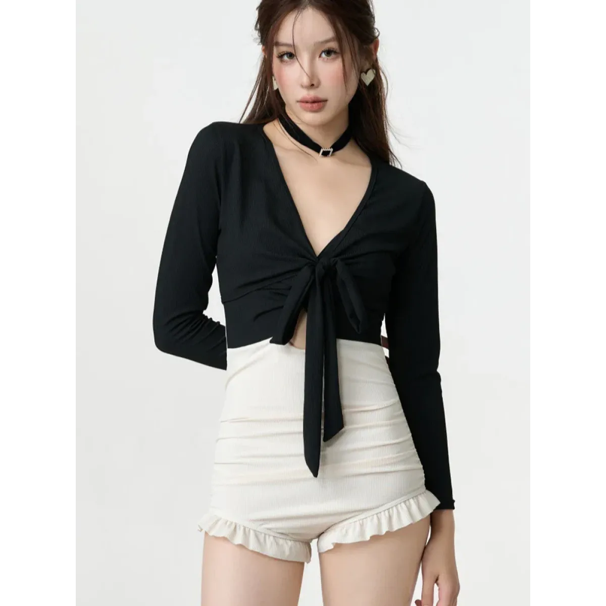 Bikini Set – V-Neck Long Sleeve with Ruffle High Waist - Sexy Products - Swimwear - 14