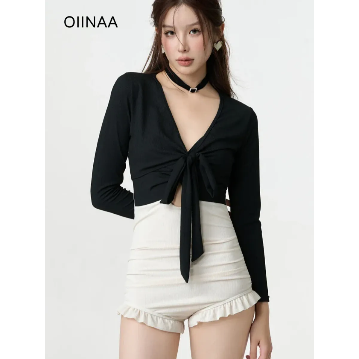 Bikini Set – V-Neck Long Sleeve with Ruffle High Waist - Sexy Products - Swimwear - 2