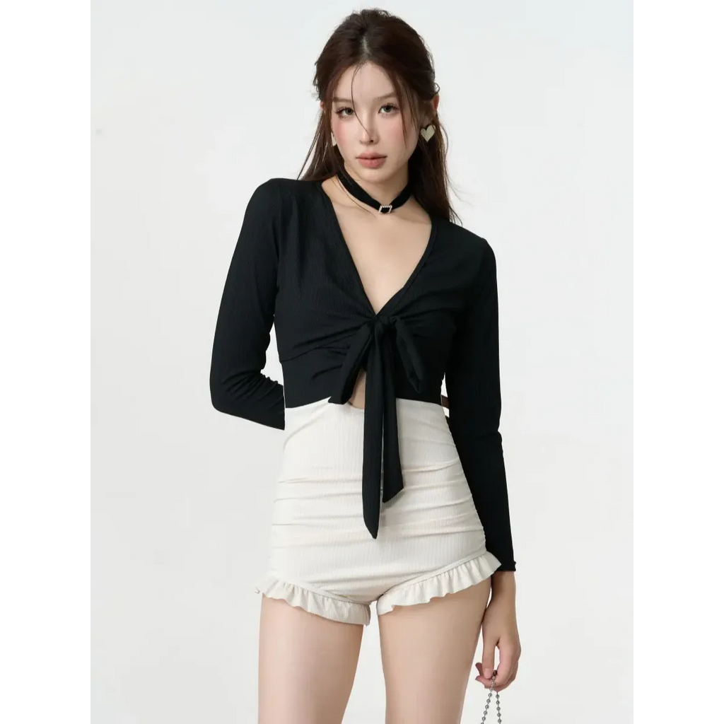 Bikini Set – V-Neck Long Sleeve with Ruffle High Waist - Sexy Products - Swimwear - 8