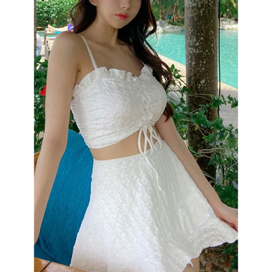 White Ruffled Halter Bikini Set with Beach Skirt - Bottoms - Swimsuits - 1