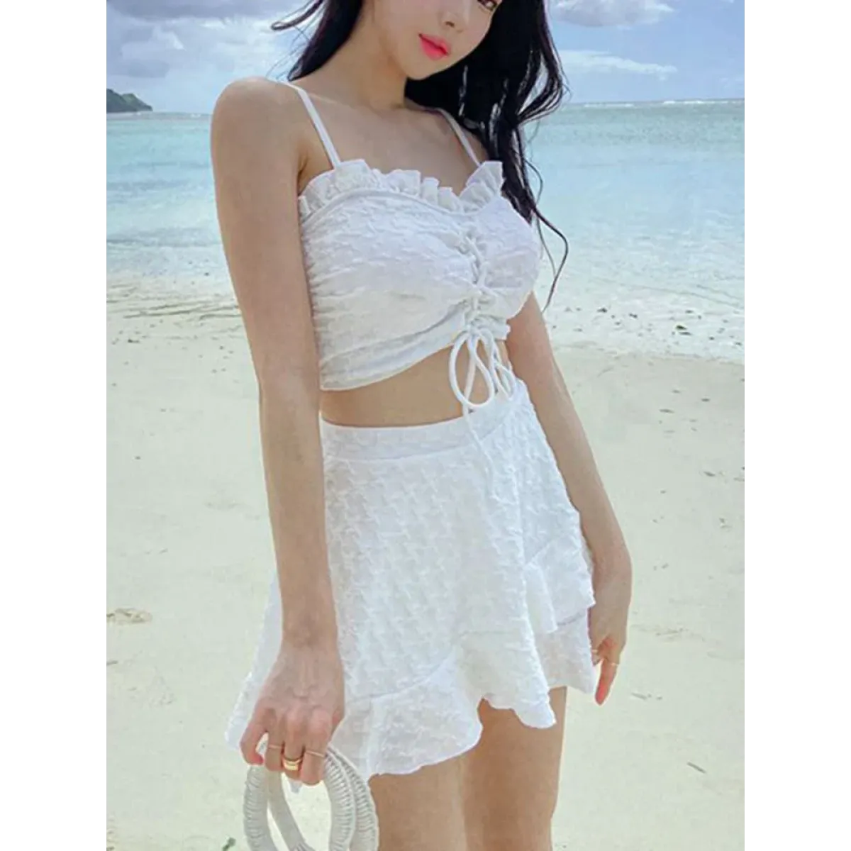 White Ruffled Halter Bikini Set with Beach Skirt - Bottoms - Swimsuits - 3