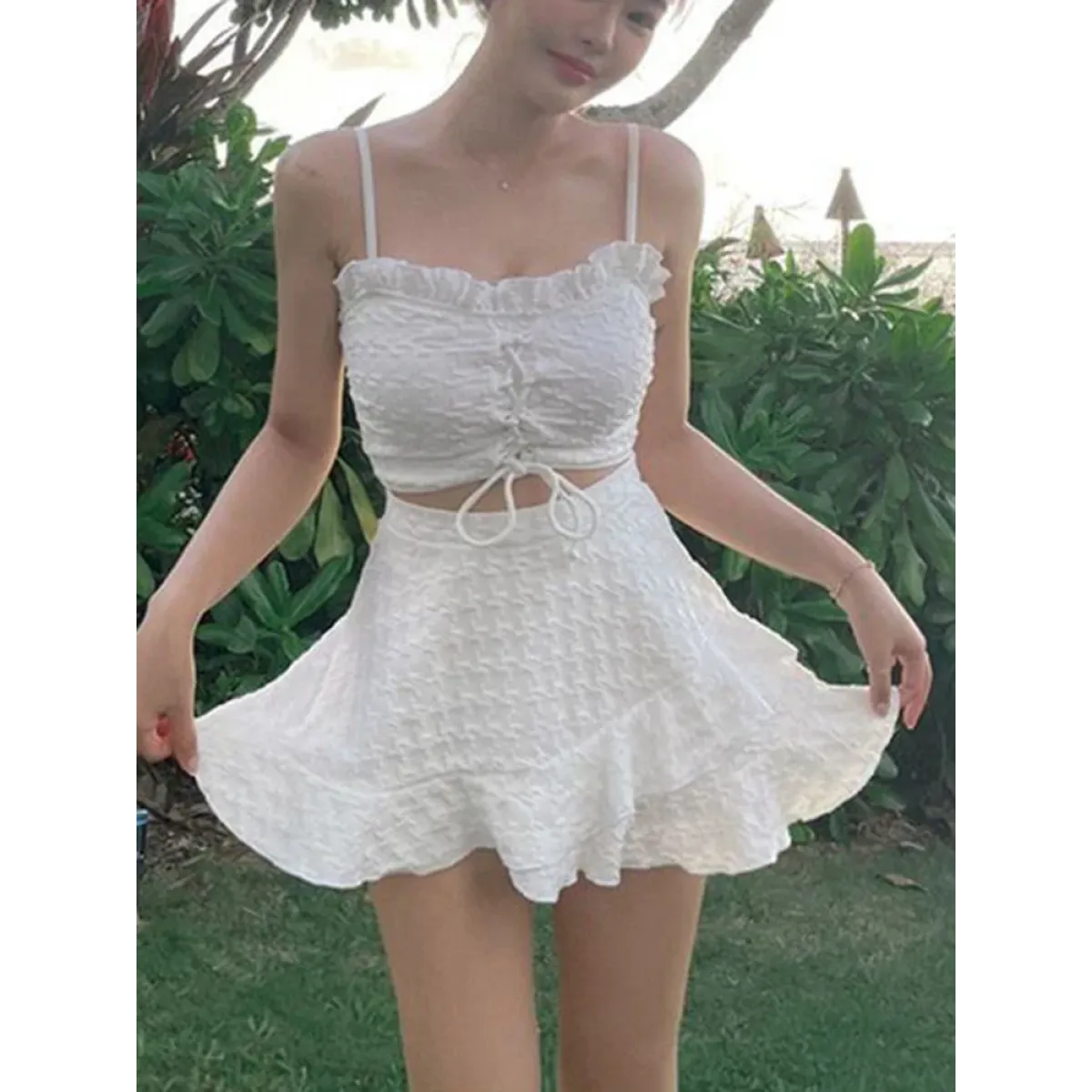 White Ruffled Halter Bikini Set with Beach Skirt - Bottoms - Swimsuits - 5