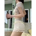 Ruffle Bikini Set – Sheer Short Sleeve Cover-Up with Skirt - Bottoms - Swimwear - 13