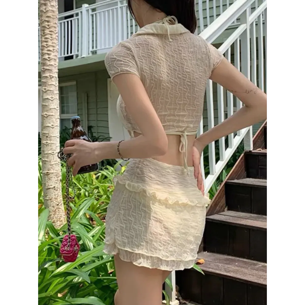 Ruffle Bikini Set – Sheer Short Sleeve Cover-Up with Skirt - Bottoms - Swimwear - 15