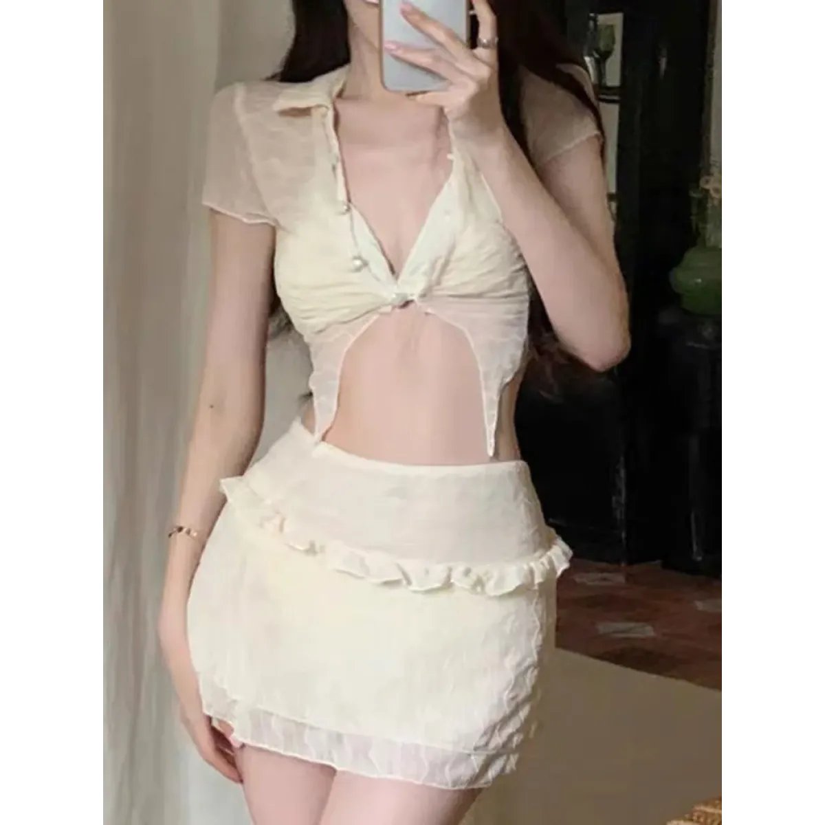 Ruffle Bikini Set – Sheer Short Sleeve Cover-Up with Skirt - Bottoms - Swimwear - 4