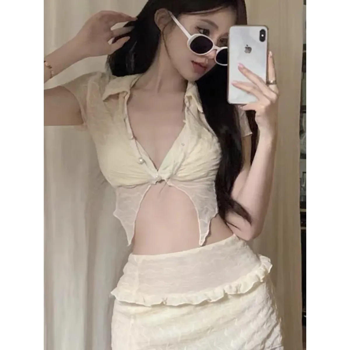 Ruffle Bikini Set – Sheer Short Sleeve Cover-Up with Skirt - Bottoms - Swimwear - 5