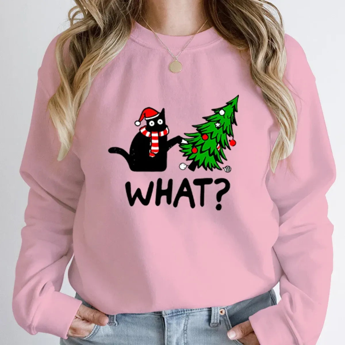 ’What?’ Black Cat Christmas Tree Sweatshirt - T-Shirts - Round - Sweaters - 14