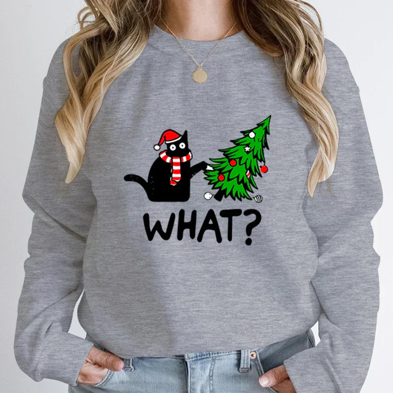 ’What?’ Black Cat Christmas Tree Sweatshirt - Gray / S - T-Shirts - Sweatshirts - 10 - 2024