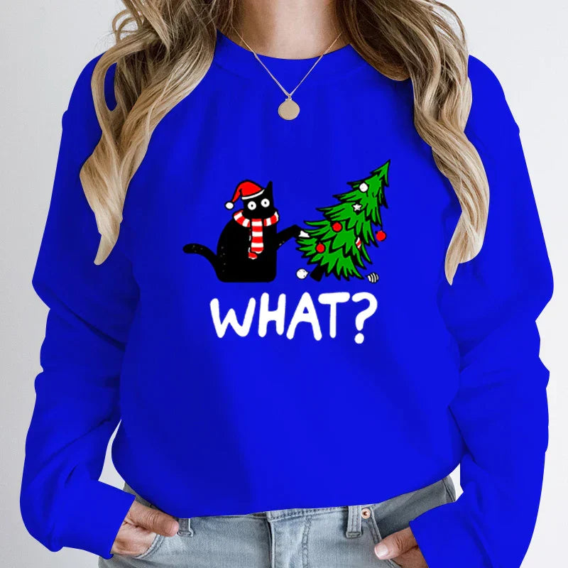 ’What?’ Black Cat Christmas Tree Sweatshirt - Blue / S - T-Shirts - Sweatshirts - 7 - 2024