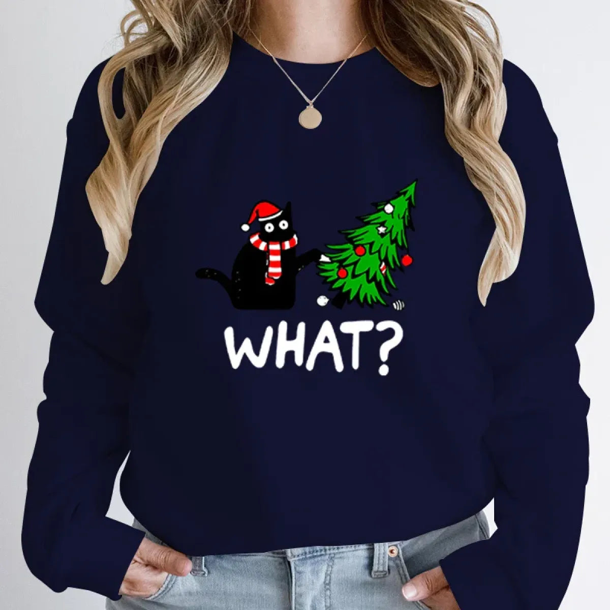 ’What?’ Black Cat Christmas Tree Sweatshirt - T-Shirts - Round - Sweaters - 8