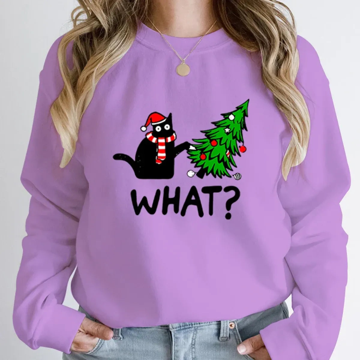 ’What?’ Black Cat Christmas Tree Sweatshirt - T-Shirts - Round - Sweaters - 13