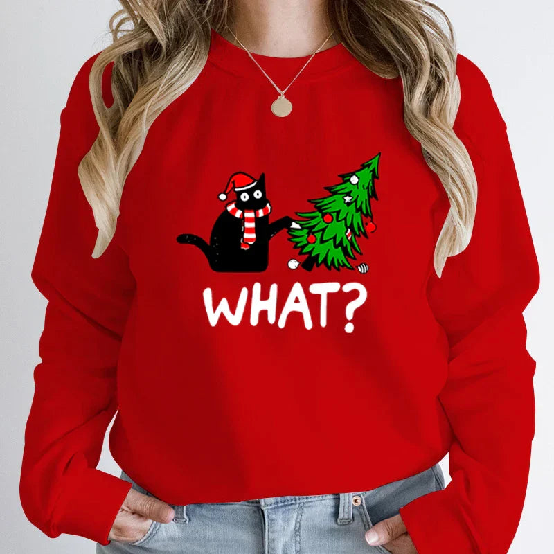 ’What?’ Black Cat Christmas Tree Sweatshirt - Red / S - T-Shirts - Sweatshirts - 1 - 2024