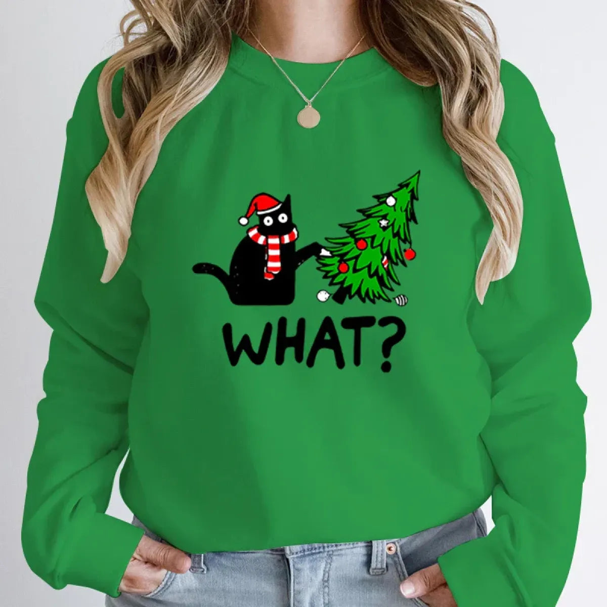 ’What?’ Black Cat Christmas Tree Sweatshirt - T-Shirts - Round - Sweaters - 3