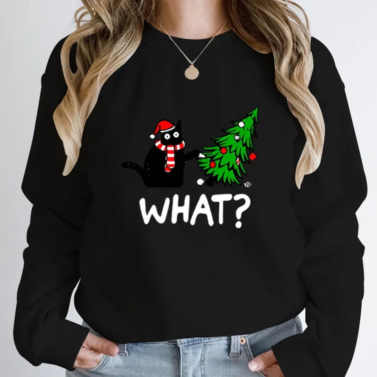 ’What?’ Black Cat Christmas Tree Sweatshirt - T-Shirts - Round - Sweaters - 2