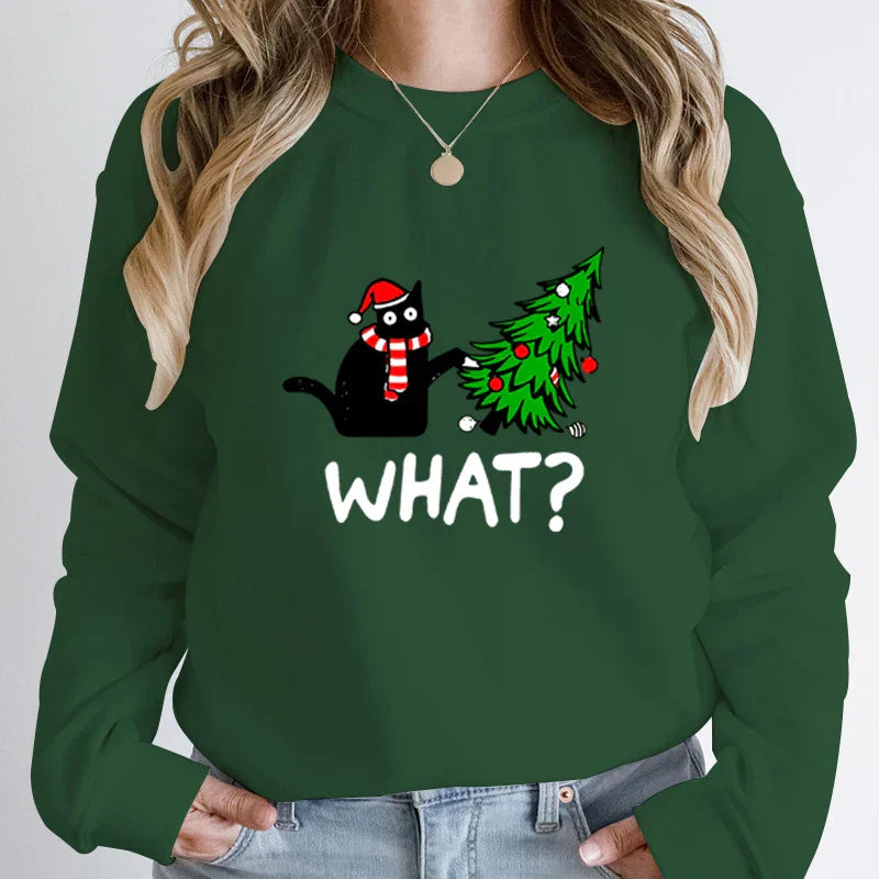 ’What?’ Black Cat Christmas Tree Sweatshirt - Dark Green / S - T-Shirts - Sweatshirts - 11 - 2024