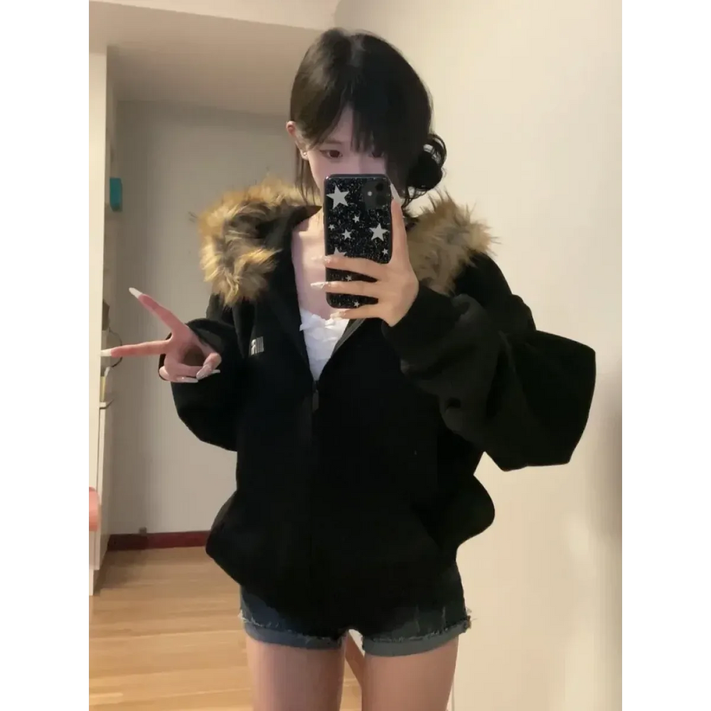 Black Faux Fur Hooded Zip-Up Jacket – Oversized Harajuku Style - Sweaters - Long - Hooded - Women’s Jackets - 1