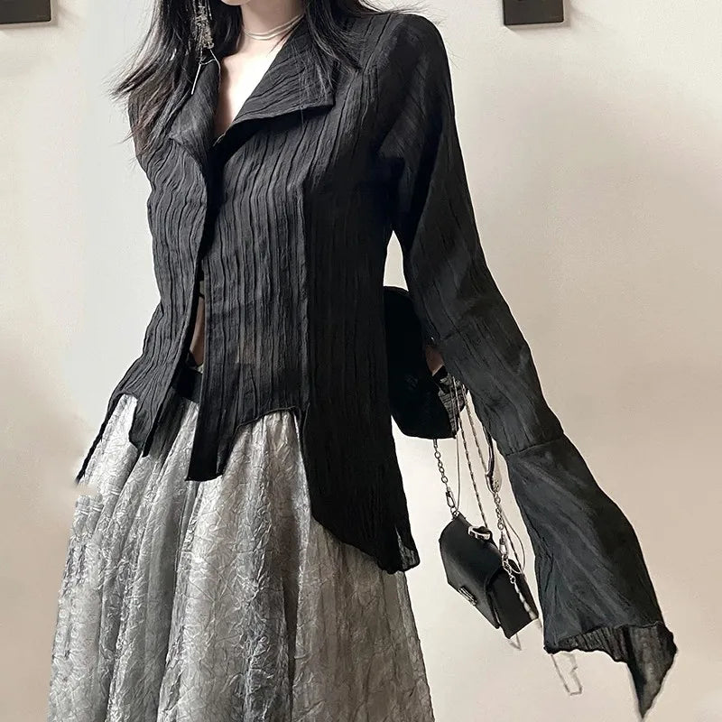 Black Gothic Irregular Shirt – Dark Aesthetic Grunge Blouse - T-Shirts - Blouses - 2025 - 2 - Worldwide Shipping