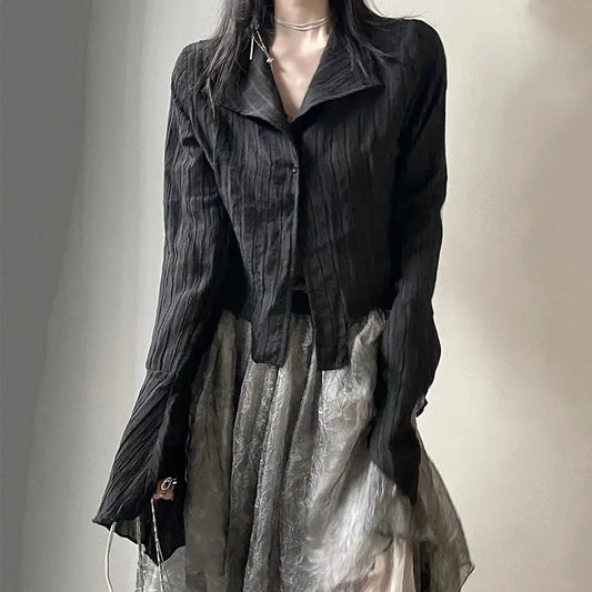 Black Gothic Irregular Shirt – Dark Aesthetic Grunge Blouse - T-Shirts - Blouses - 2025 - 1 - Worldwide Shipping