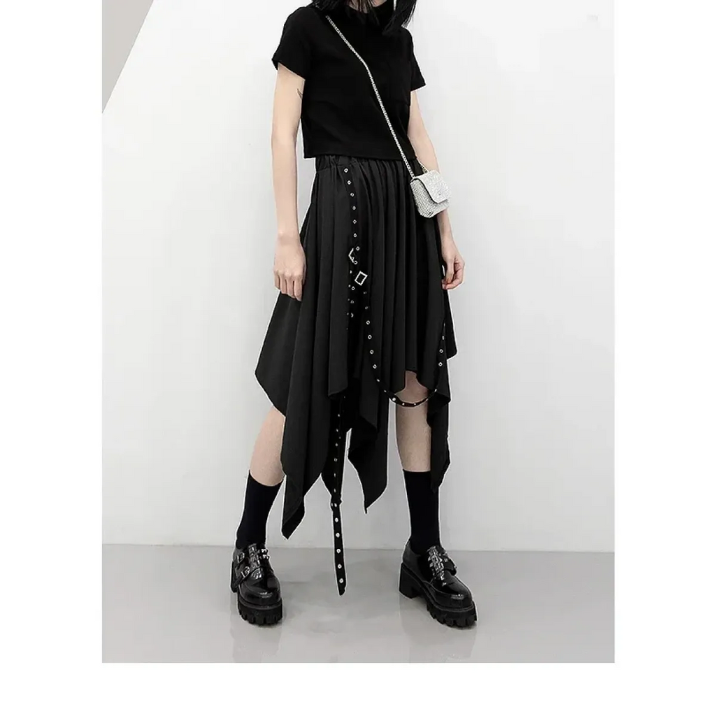 Black Irregular Hem Gothic Punk Skirt – Buckle Straps & Studded Details - Bottoms - Skirts - 6