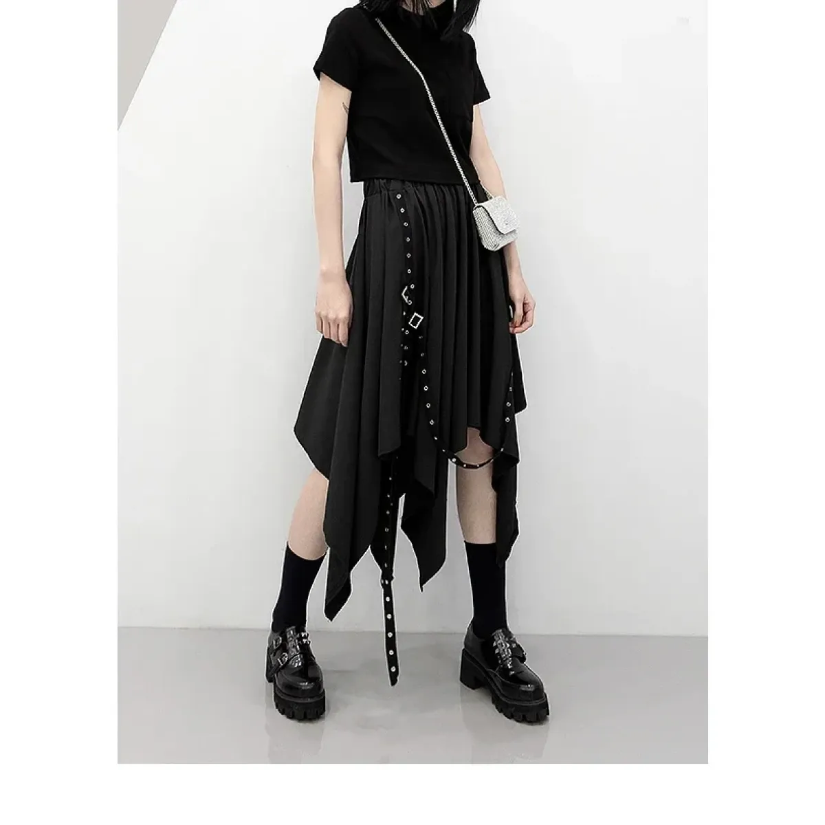 Black Irregular Hem Gothic Punk Skirt – Buckle Straps & Studded Details - Bottoms - Skirts - 6