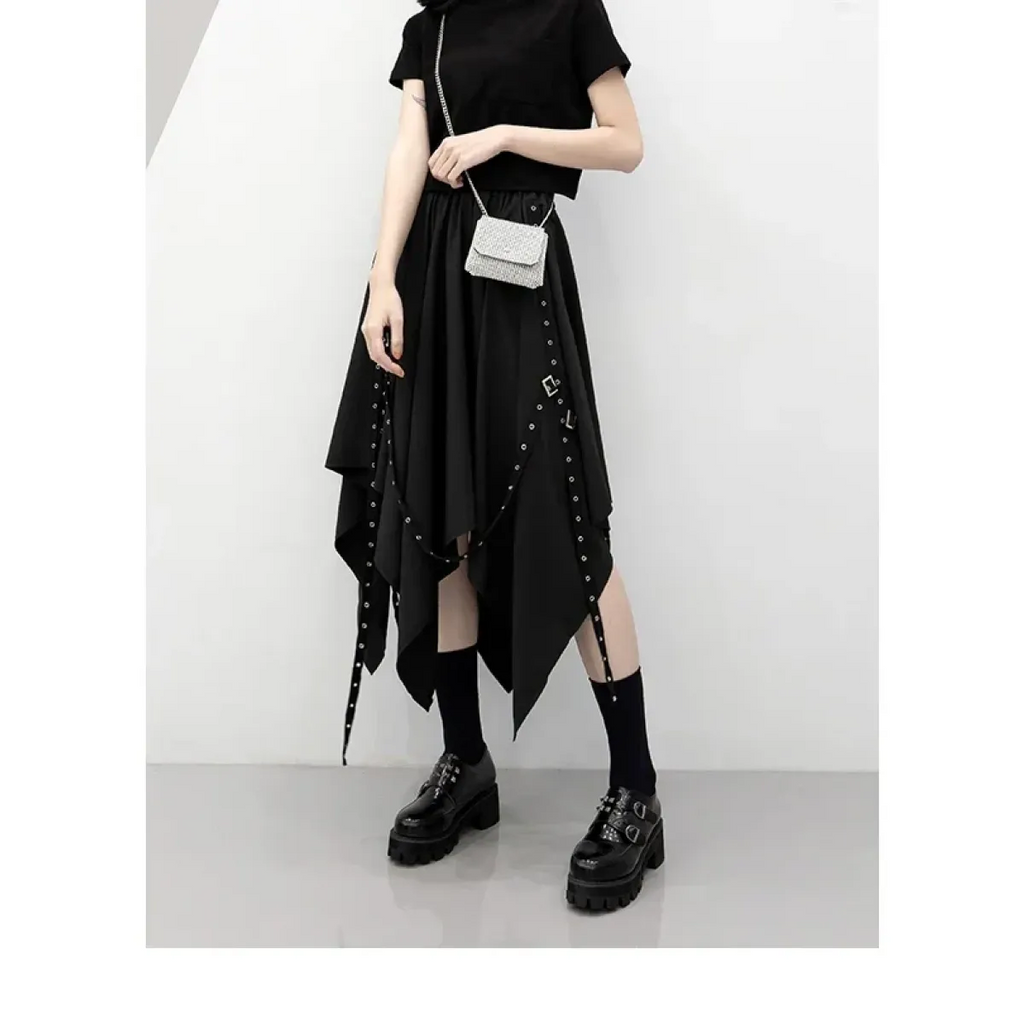 Black Irregular Hem Gothic Punk Skirt – Buckle Straps & Studded Details - Bottoms - Skirts - 1
