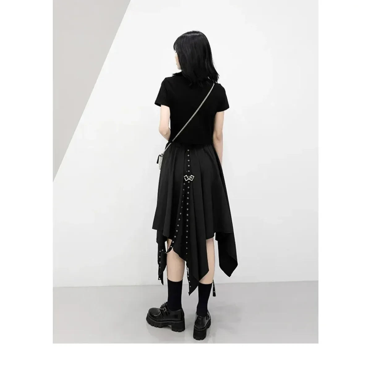 Black Irregular Hem Gothic Punk Skirt – Buckle Straps & Studded Details - Bottoms - Skirts - 4