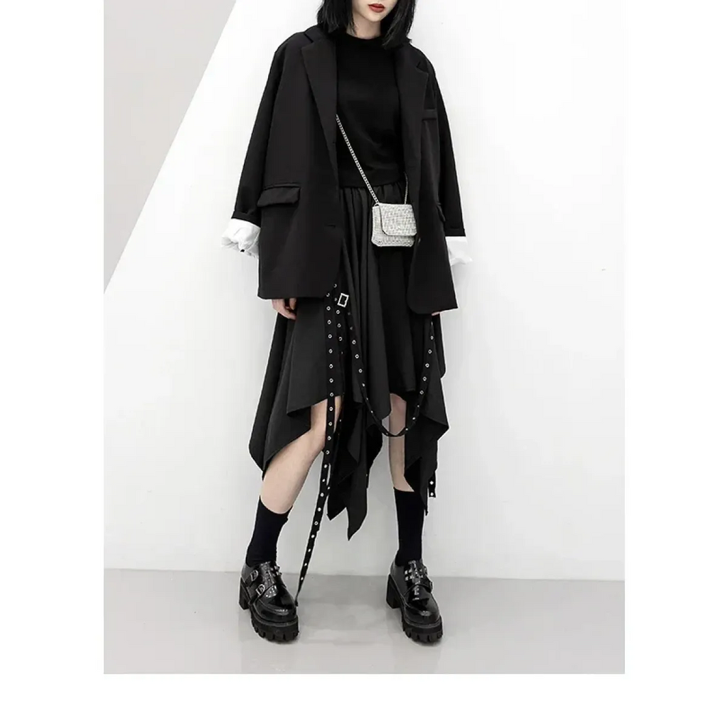 Black Irregular Hem Gothic Punk Skirt – Buckle Straps & Studded Details - Bottoms - Skirts - 5