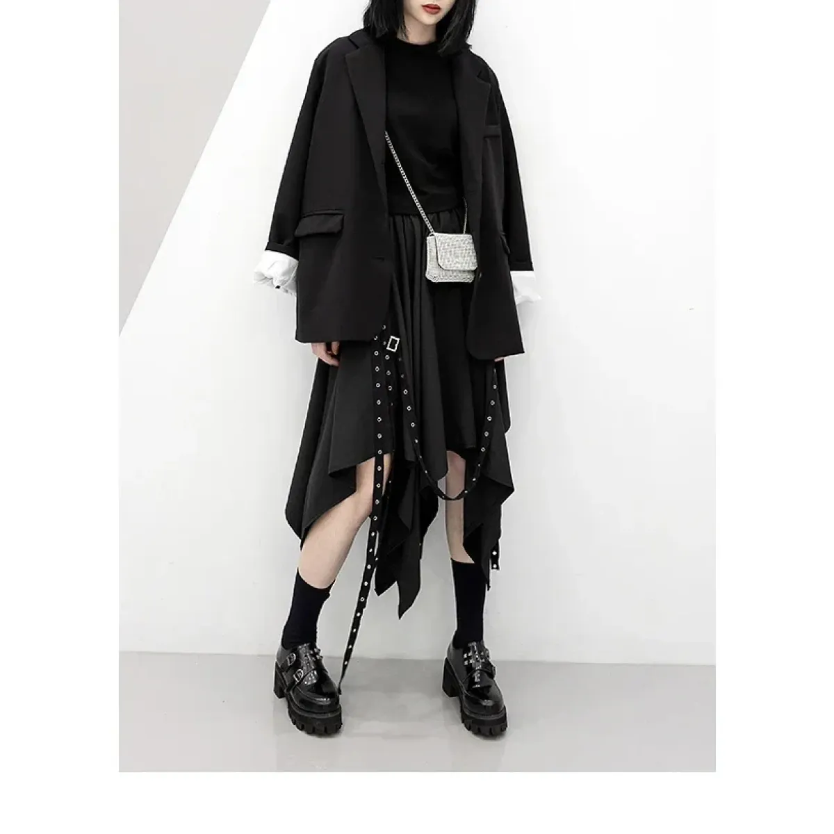 Black Irregular Hem Gothic Punk Skirt – Buckle Straps & Studded Details - Bottoms - Skirts - 5