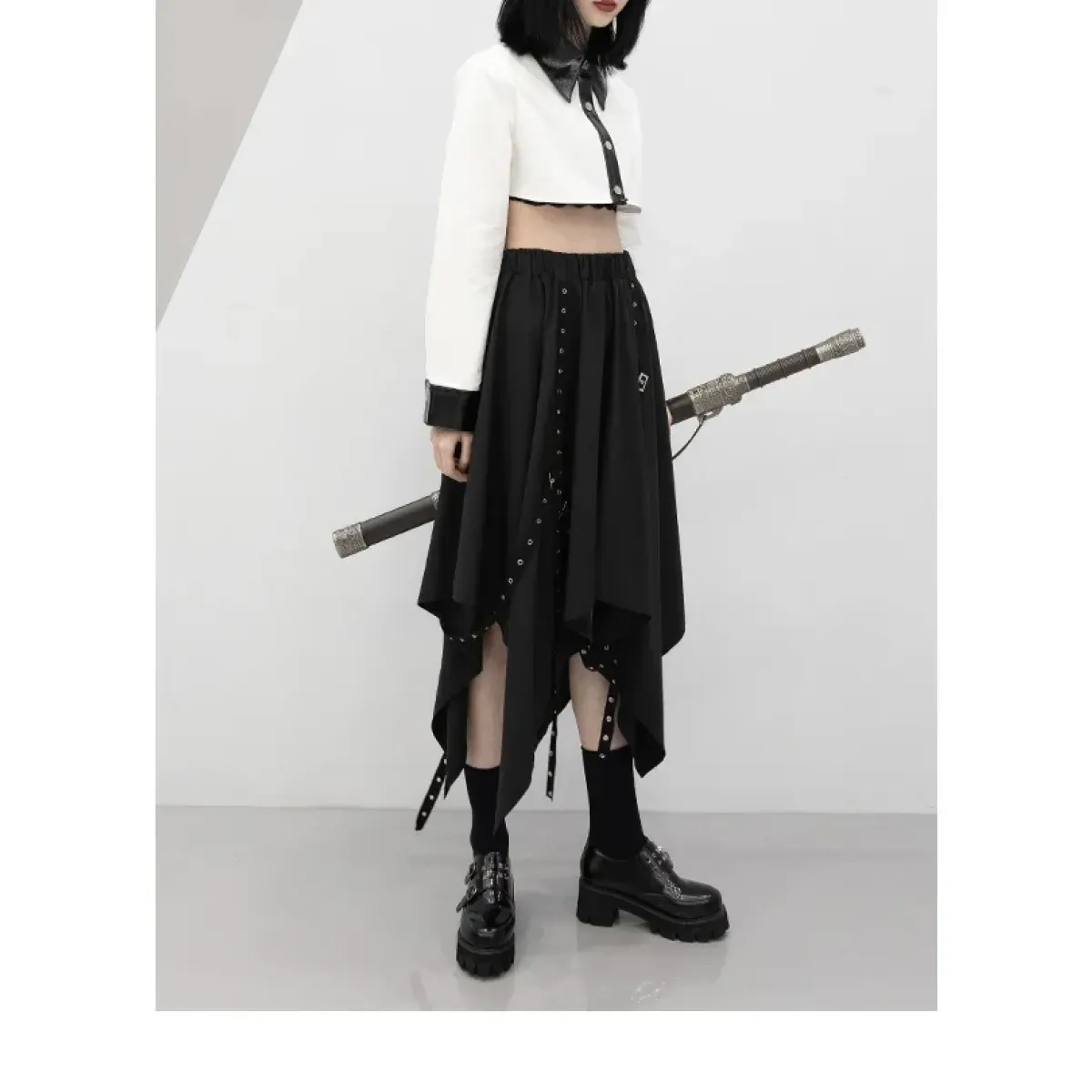 Black Irregular Hem Gothic Punk Skirt – Buckle Straps & Studded Details - Bottoms - Skirts - 3