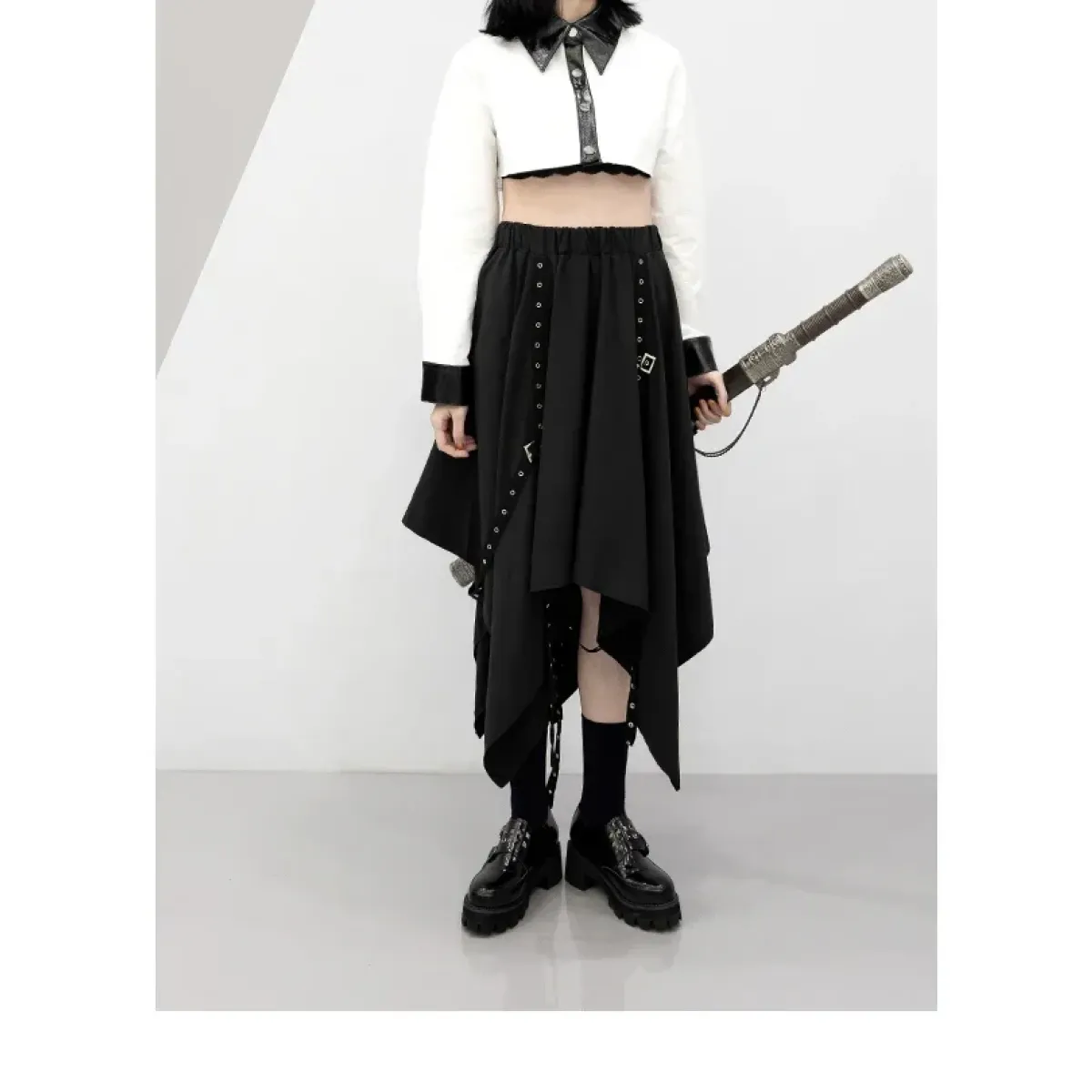 Black Irregular Hem Gothic Punk Skirt – Buckle Straps & Studded Details - Bottoms - Skirts - 2