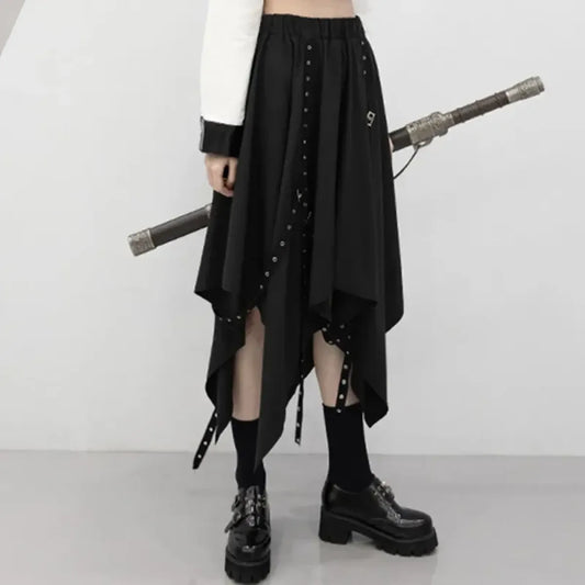 Black Irregular Hem Gothic Punk Skirt – Buckle Straps & Studded Details - Bottoms - Skirts - 7