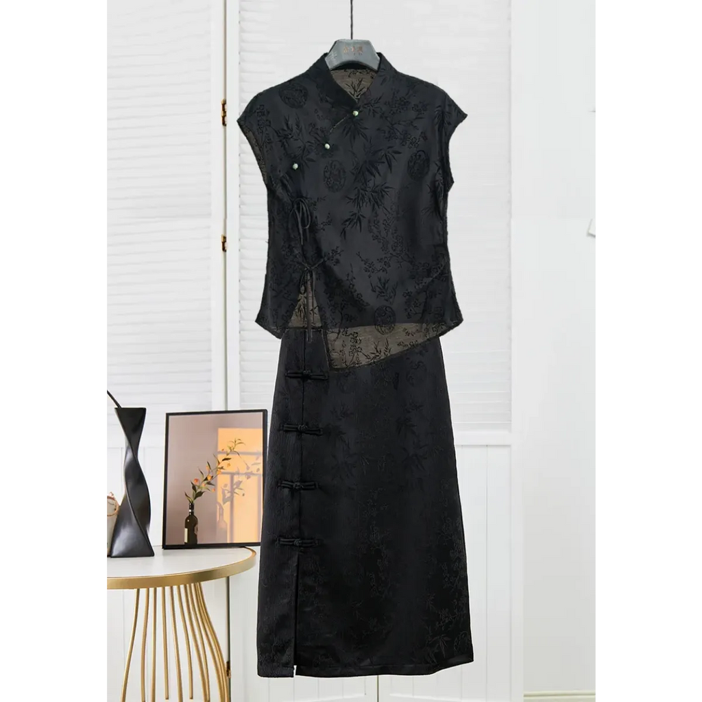 Black Jacquard Cheongsam Top with Asymmetrical Hem - Tops & Tees - Blouse - 2