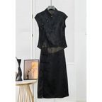 Black Jacquard Cheongsam Top with Asymmetrical Hem - Tops & Tees - Blouse - 2