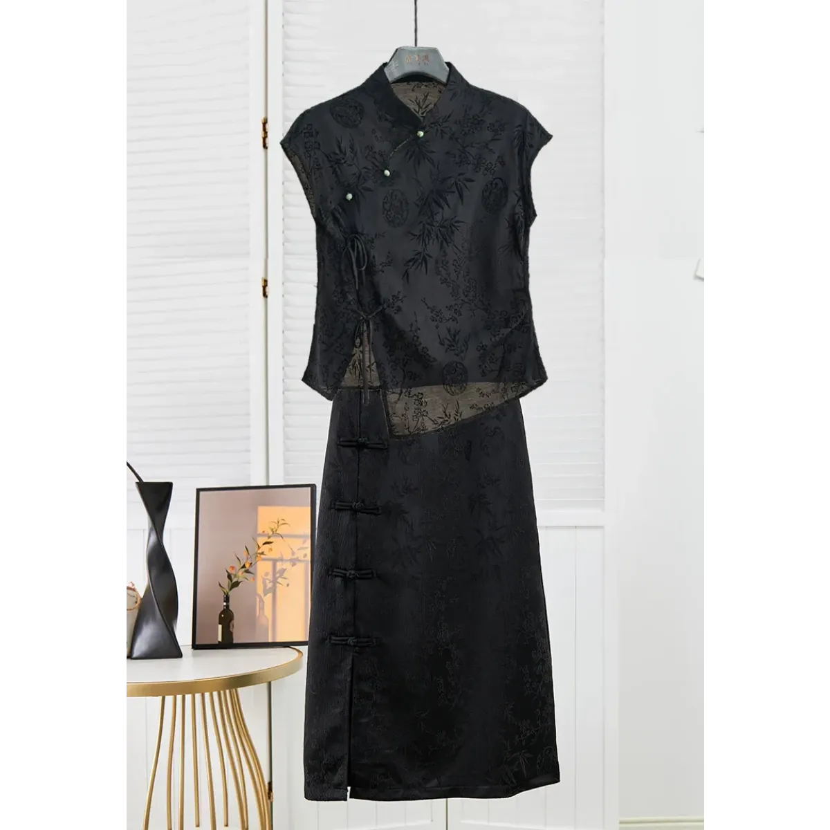 Black Jacquard Cheongsam Top with Asymmetrical Hem - Tops & Tees - Blouse - 2