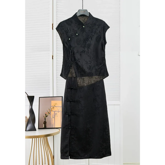 Black Jacquard Cheongsam Top with Asymmetrical Hem - Tops & Tees - Blouse - 2