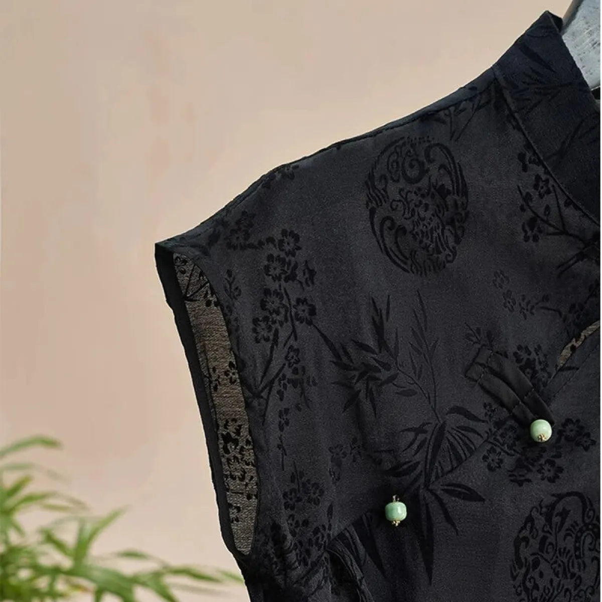 Black Jacquard Cheongsam Top with Asymmetrical Hem - Tops & Tees - Blouse - 5