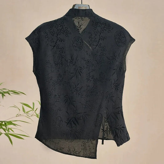Black Jacquard Cheongsam Top with Asymmetrical Hem - Tops & Tees - Blouse - 1