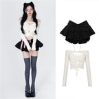 Off-Shoulder Crop Top & Black Mini Skirt Set – Kawaii Y2K - Bottoms - Long - Off-Shoulder - Clothing Sets - 1