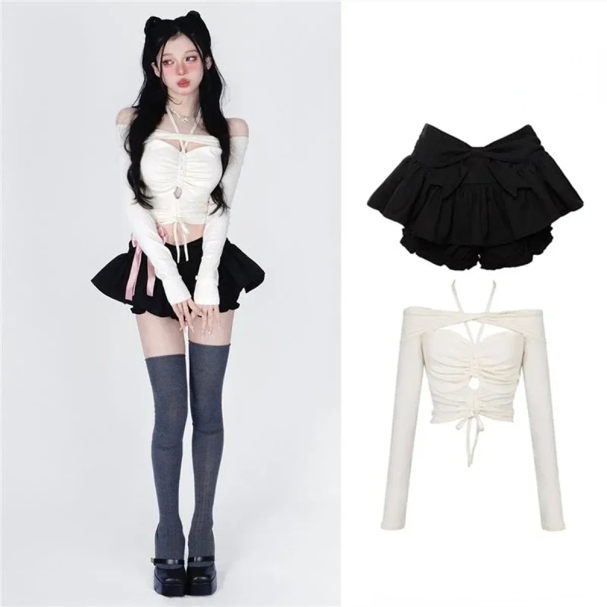 Off-Shoulder Crop Top & Black Mini Skirt Set – Kawaii Y2K - Bottoms - Long - Off-Shoulder - Clothing Sets - 1