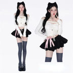 Off-Shoulder Crop Top & Black Mini Skirt Set – Kawaii Y2K - Bottoms - Long - Off-Shoulder - Clothing Sets - 2