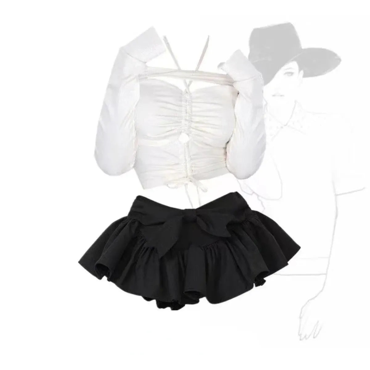 Off-Shoulder Crop Top & Black Mini Skirt Set – Kawaii Y2K - Bottoms - Long - Off-Shoulder - Clothing Sets - 5