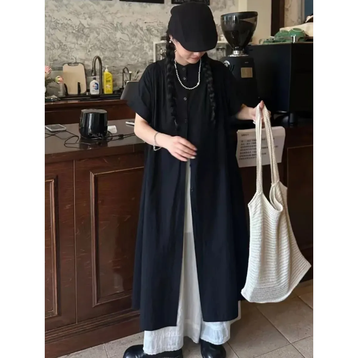 Black Oversized Kimono Shirt Dress – Gothic Casual Summer Style - All Dresses - Short - V-neck - Blouses - 2