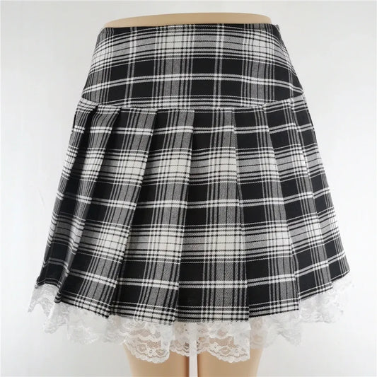 Red Black Plaid Lace Gothic Punk Skirt – Pleated Y2K Harajuku Style - Bottoms - Skirts - 4
