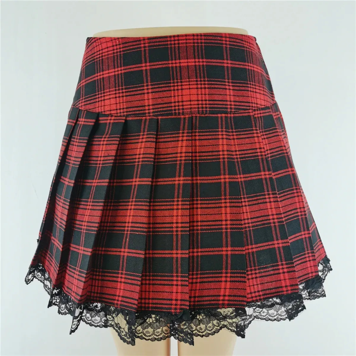 Red Black Plaid Lace Gothic Punk Skirt – Pleated Y2K Harajuku Style - Bottoms - Skirts - 1