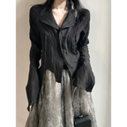 Black Pleated Gothic Harajuku Blouse – Button-Up Long Sleeve - Tops & Tees - Long - Shirt - Blouses - 1