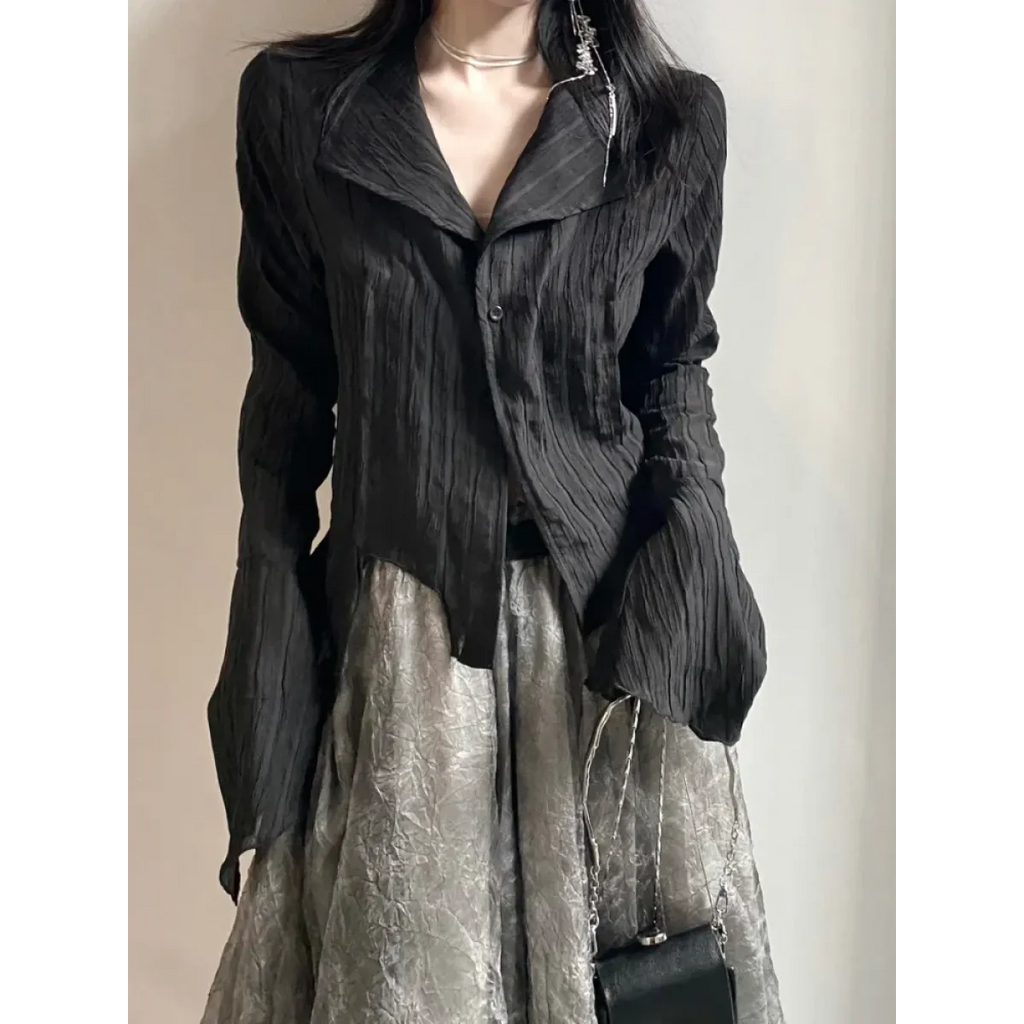 Black Pleated Gothic Harajuku Blouse – Button-Up Long Sleeve - Tops & Tees - Long - Shirt - Blouses - 7